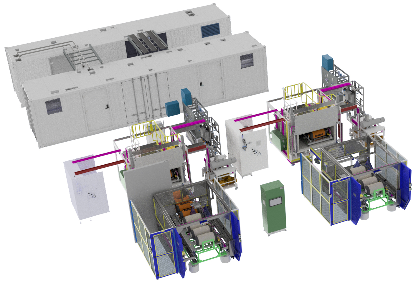 High pressure gas generation and gas processing units, along with leak test modules produced for integration into advanced high volume hydrogen automotive production lines designed for testing high pressure hydrogen fuel tanks